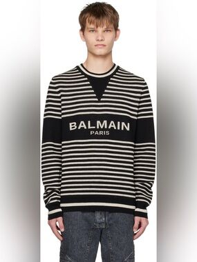 Balmain Black and White Striped Crewneck Sweater